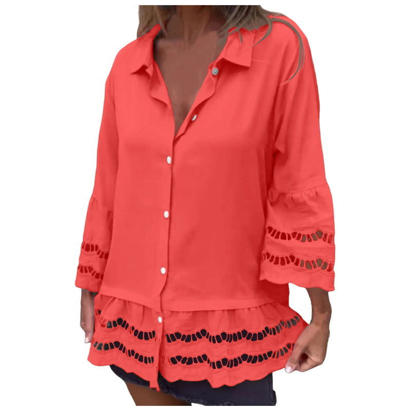 Camisa Linho de Manga Média com Design de Patchwork Vazado